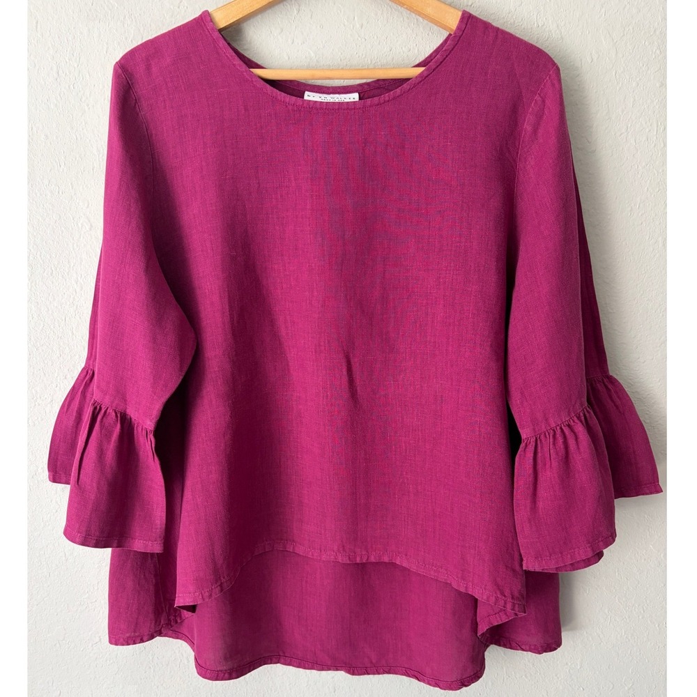 Bryn Walker Womens Linen Ruffle Bell Sleeve Top L Magenta Pink High Low Blouse